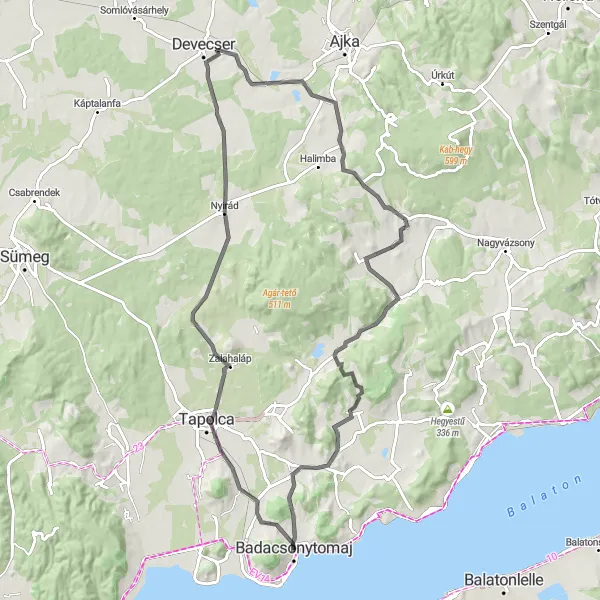Map miniature of "Road Cycling Adventure in the Bakony Hills" cycling inspiration in Közép-Dunántúl, Hungary. Generated by Tarmacs.app cycling route planner