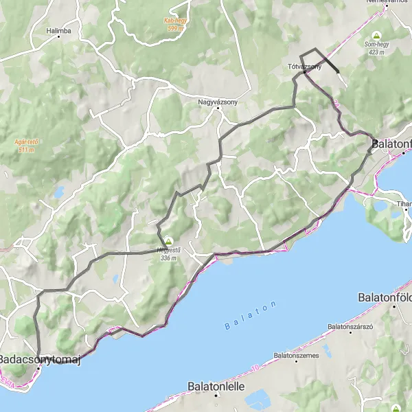Map miniature of "Scenic Road Cycling Tour Around Lake Balaton" cycling inspiration in Közép-Dunántúl, Hungary. Generated by Tarmacs.app cycling route planner