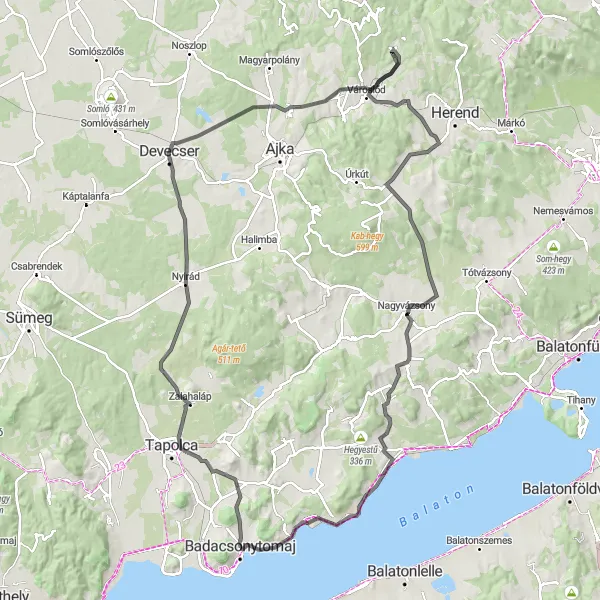 Map miniature of "Badacsonytomaj Loop" cycling inspiration in Közép-Dunántúl, Hungary. Generated by Tarmacs.app cycling route planner