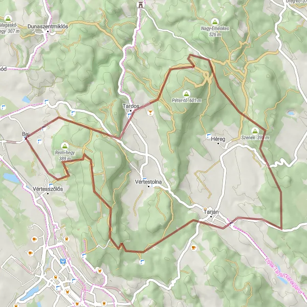 Map miniature of "Baj - Gerecse - Sárási-kő - Tarján - Kopasz-hegy - Vértesszőlős" cycling inspiration in Közép-Dunántúl, Hungary. Generated by Tarmacs.app cycling route planner
