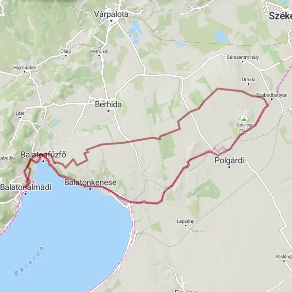 Map miniature of "Balatonalmádi Adventure" cycling inspiration in Közép-Dunántúl, Hungary. Generated by Tarmacs.app cycling route planner