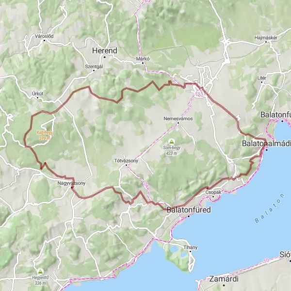 Map miniature of "Balatonalmádi to Szentkirályszabadja Gravel Cycling Route" cycling inspiration in Közép-Dunántúl, Hungary. Generated by Tarmacs.app cycling route planner