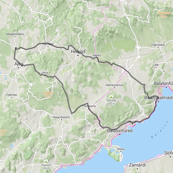 Map miniature of "Balatonalmádi to Balatonfüred Road Cycling Route" cycling inspiration in Közép-Dunántúl, Hungary. Generated by Tarmacs.app cycling route planner