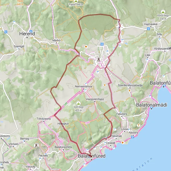 Map miniature of "Balaton and Volcanoes Gravel Route" cycling inspiration in Közép-Dunántúl, Hungary. Generated by Tarmacs.app cycling route planner