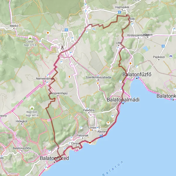 Map miniature of "Lake Balaton Gravel Adventure" cycling inspiration in Közép-Dunántúl, Hungary. Generated by Tarmacs.app cycling route planner