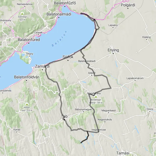 Map miniature of "Balaton Grand Road Tour" cycling inspiration in Közép-Dunántúl, Hungary. Generated by Tarmacs.app cycling route planner