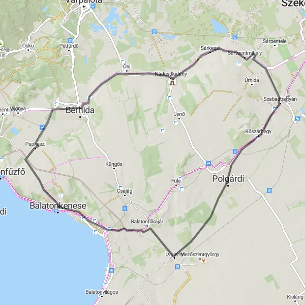 Map miniature of "Sárszentmihály Loop: Exploring Szabadbattyán and Balatonfőkajár" cycling inspiration in Közép-Dunántúl, Hungary. Generated by Tarmacs.app cycling route planner
