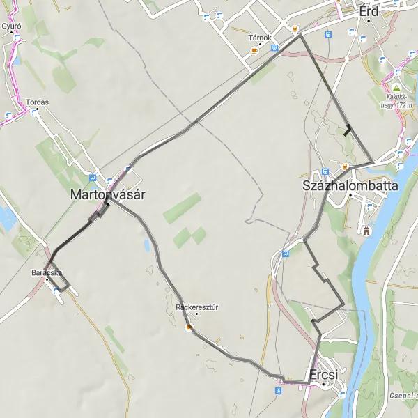 Map miniature of "The Historical Trail" cycling inspiration in Közép-Dunántúl, Hungary. Generated by Tarmacs.app cycling route planner