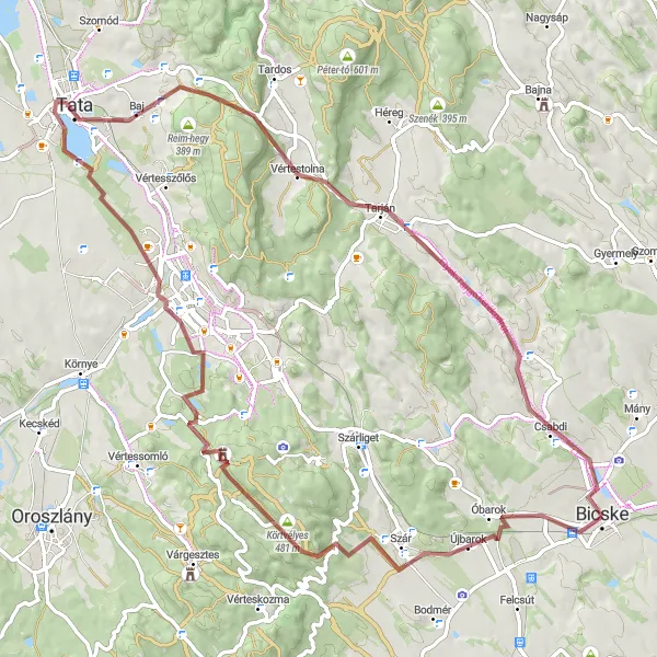 Map miniature of "Around Lake Tata" cycling inspiration in Közép-Dunántúl, Hungary. Generated by Tarmacs.app cycling route planner