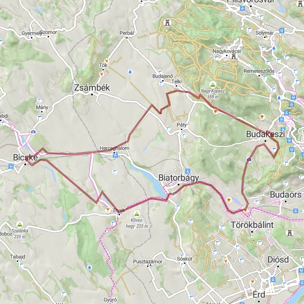 Map miniature of "Etyek Wine Tour" cycling inspiration in Közép-Dunántúl, Hungary. Generated by Tarmacs.app cycling route planner
