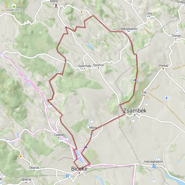 Map miniature of "Bicske Gravel Loop" cycling inspiration in Közép-Dunántúl, Hungary. Generated by Tarmacs.app cycling route planner