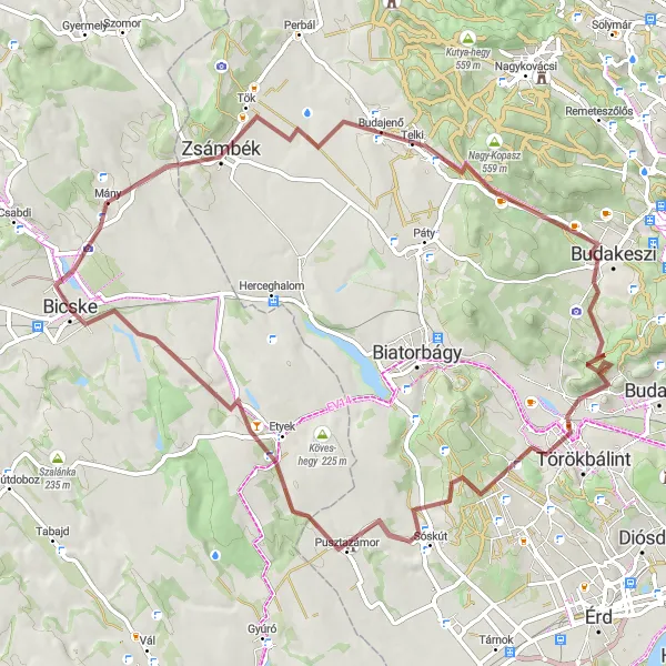 Map miniature of "Kakukk-hegy Gravel Challenge" cycling inspiration in Közép-Dunántúl, Hungary. Generated by Tarmacs.app cycling route planner
