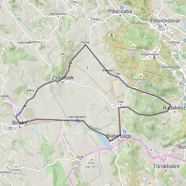 Map miniature of "Countryside Loop" cycling inspiration in Közép-Dunántúl, Hungary. Generated by Tarmacs.app cycling route planner