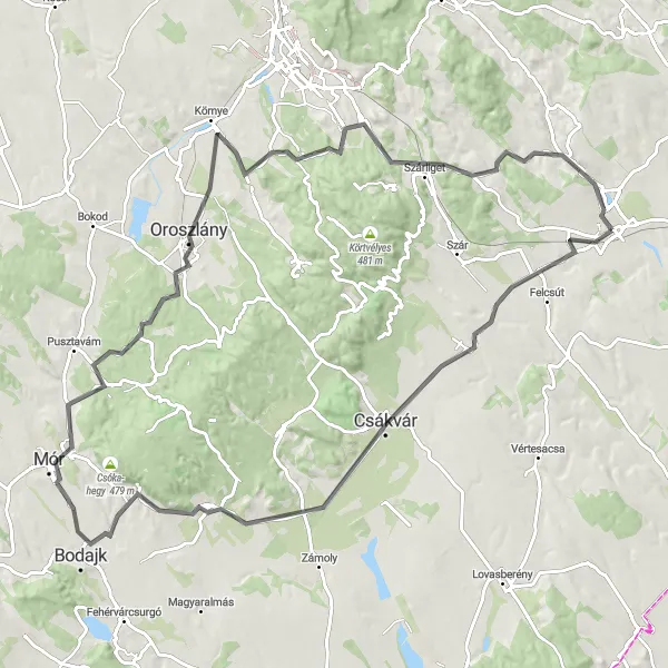 Map miniature of "The Charm of Vértesboglár" cycling inspiration in Közép-Dunántúl, Hungary. Generated by Tarmacs.app cycling route planner