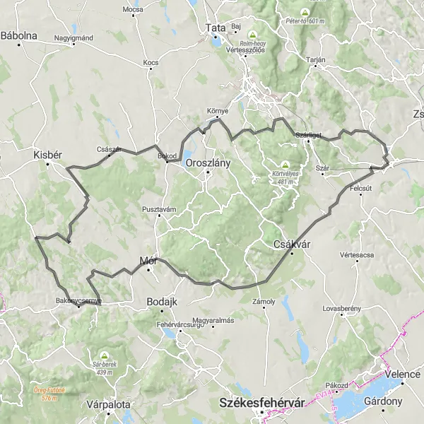 Map miniature of "Vértesboglár Epic Road Adventure" cycling inspiration in Közép-Dunántúl, Hungary. Generated by Tarmacs.app cycling route planner