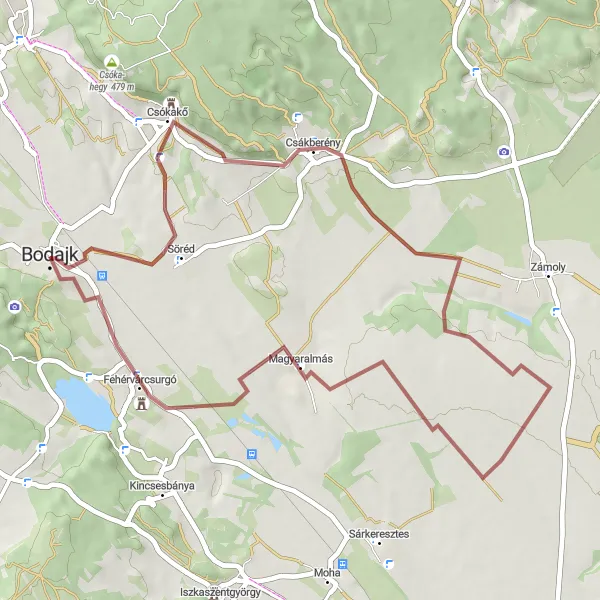 Map miniature of "Csókakő Loop" cycling inspiration in Közép-Dunántúl, Hungary. Generated by Tarmacs.app cycling route planner