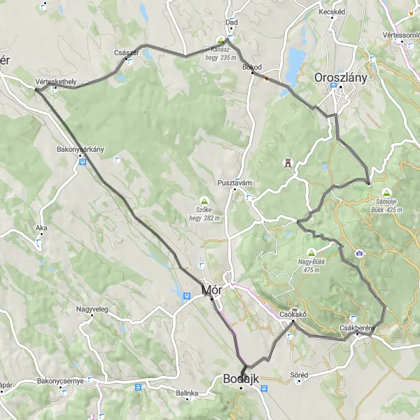 Map miniature of "Mór to Csókakő Loop" cycling inspiration in Közép-Dunántúl, Hungary. Generated by Tarmacs.app cycling route planner