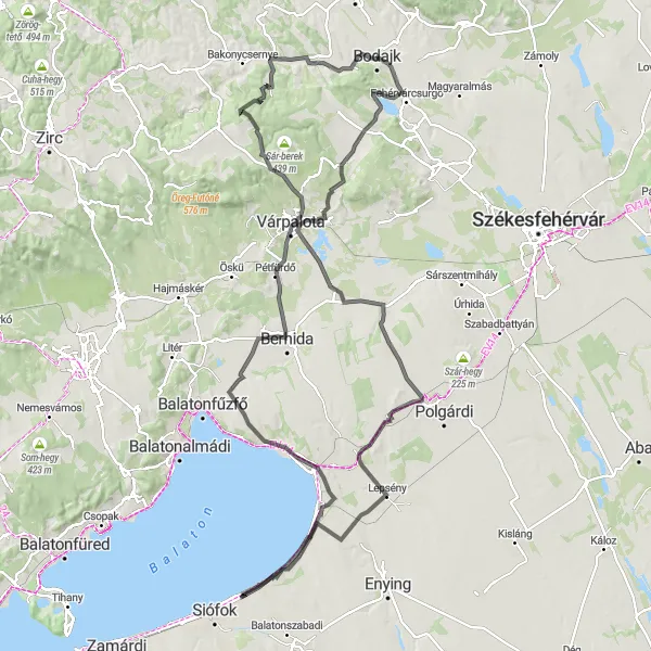 Map miniature of "Bakonykúti Adventure" cycling inspiration in Közép-Dunántúl, Hungary. Generated by Tarmacs.app cycling route planner