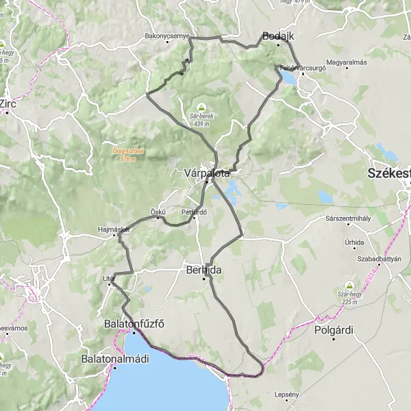 Map miniature of "Bakonykúti Loop" cycling inspiration in Közép-Dunántúl, Hungary. Generated by Tarmacs.app cycling route planner