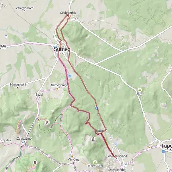Map miniature of "Gravel Adventure: Lesenceistvánd to Sümeg" cycling inspiration in Közép-Dunántúl, Hungary. Generated by Tarmacs.app cycling route planner