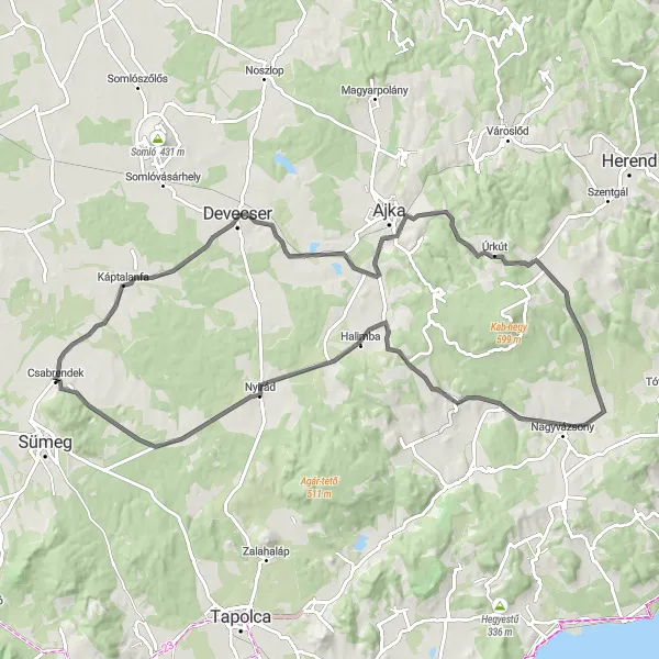 Map miniature of "Gyepükaján Mountain Challenge" cycling inspiration in Közép-Dunántúl, Hungary. Generated by Tarmacs.app cycling route planner