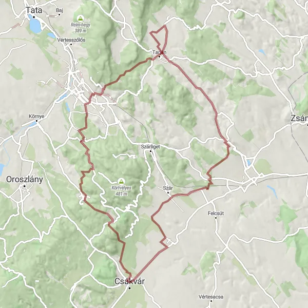 Map miniature of "Csákvár - Vérteskozma Gravel Loop" cycling inspiration in Közép-Dunántúl, Hungary. Generated by Tarmacs.app cycling route planner