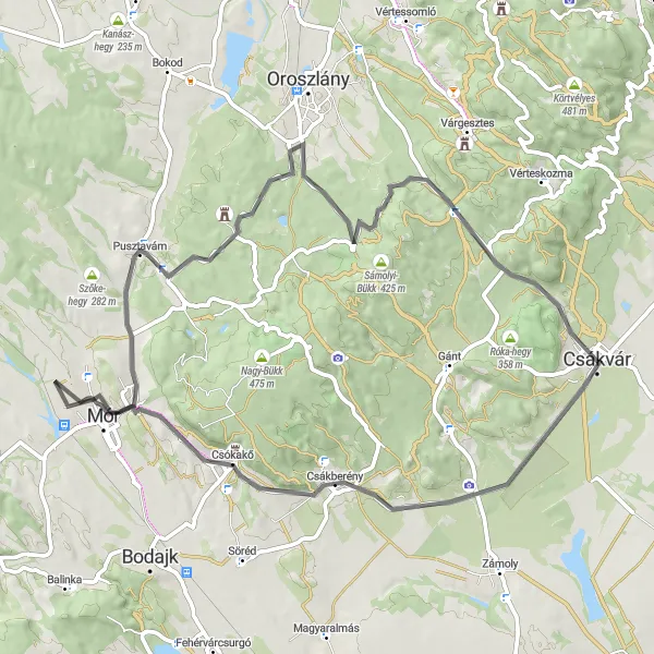 Map miniature of "Csákvár - Csákberény Road Loop" cycling inspiration in Közép-Dunántúl, Hungary. Generated by Tarmacs.app cycling route planner