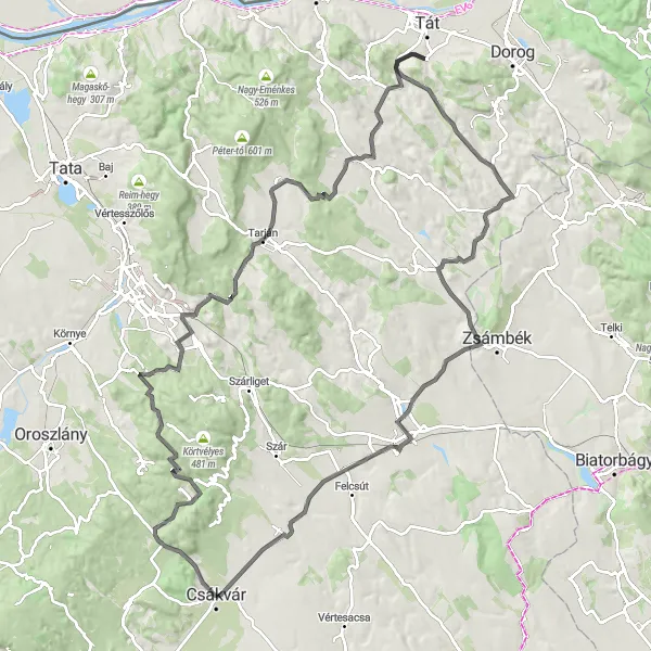 Map miniature of "Csákvár - Szent János-hegy Road Loop" cycling inspiration in Közép-Dunántúl, Hungary. Generated by Tarmacs.app cycling route planner