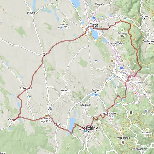 Map miniature of "Kocs Loop" cycling inspiration in Közép-Dunántúl, Hungary. Generated by Tarmacs.app cycling route planner