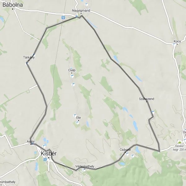 Map miniature of "Ászár - Tárkány - Szákszend - Császár" cycling inspiration in Közép-Dunántúl, Hungary. Generated by Tarmacs.app cycling route planner