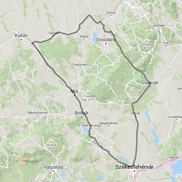 Map miniature of "Vérteskethely road challenge" cycling inspiration in Közép-Dunántúl, Hungary. Generated by Tarmacs.app cycling route planner