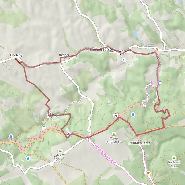 Map miniature of "Hidden Gems of Csetény Gravel Route" cycling inspiration in Közép-Dunántúl, Hungary. Generated by Tarmacs.app cycling route planner