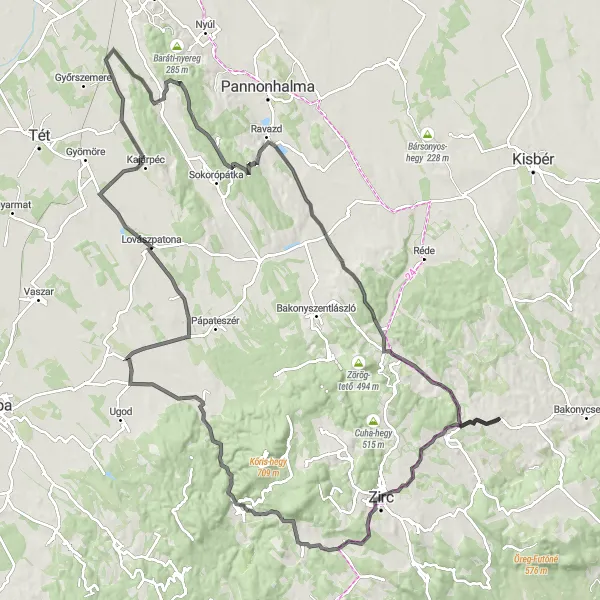 Map miniature of "Bakony Adventure Road Cycling" cycling inspiration in Közép-Dunántúl, Hungary. Generated by Tarmacs.app cycling route planner