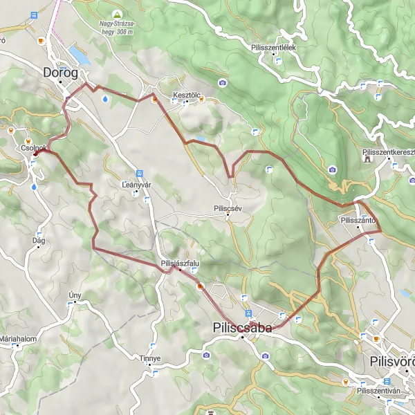 Map miniature of "Short Gravel Adventure: Csolnok to Pilisszántó" cycling inspiration in Közép-Dunántúl, Hungary. Generated by Tarmacs.app cycling route planner