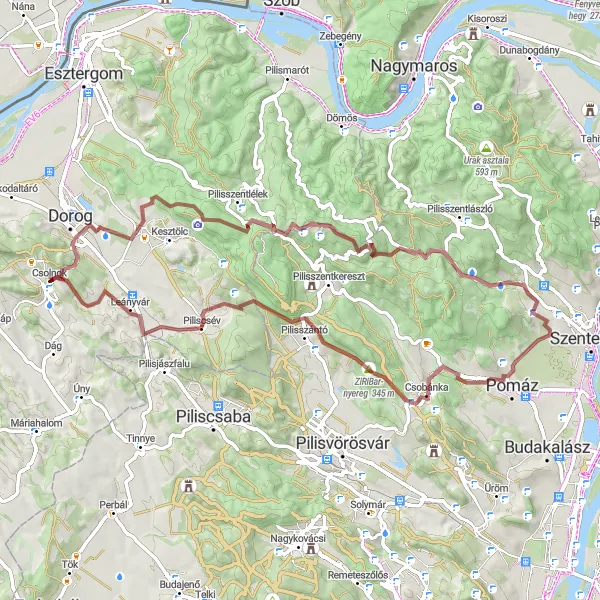 Map miniature of "Gravel Adventure: Csolnok to Piliscsév" cycling inspiration in Közép-Dunántúl, Hungary. Generated by Tarmacs.app cycling route planner