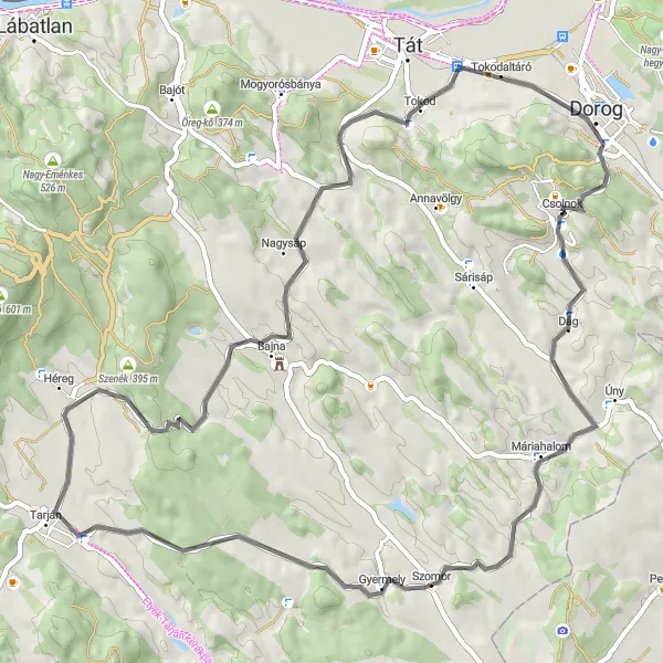 Map miniature of "Cycling through Gyermely and Bajna" cycling inspiration in Közép-Dunántúl, Hungary. Generated by Tarmacs.app cycling route planner