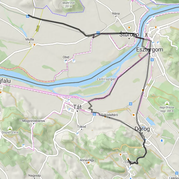 Map miniature of "Csolnok to Štúrovo Loop" cycling inspiration in Közép-Dunántúl, Hungary. Generated by Tarmacs.app cycling route planner