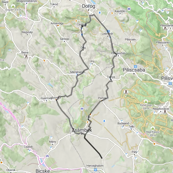 Map miniature of "Cycling around Csolnok and the Pilis Hills" cycling inspiration in Közép-Dunántúl, Hungary. Generated by Tarmacs.app cycling route planner