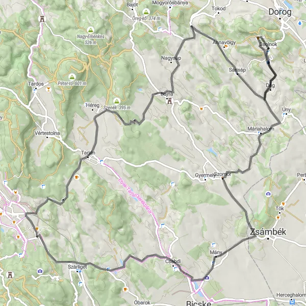 Map miniature of "Challenging Road Cycling: Csolnok to Nagysáp" cycling inspiration in Közép-Dunántúl, Hungary. Generated by Tarmacs.app cycling route planner