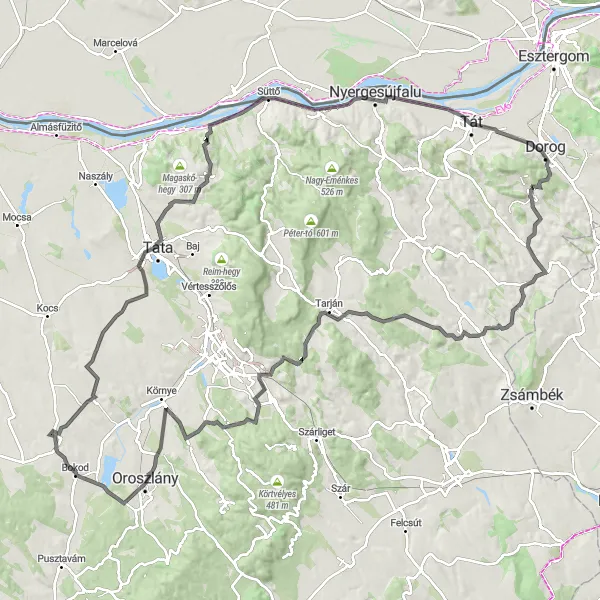 Map miniature of "Cycling Adventure in the Buda Hills and beyond" cycling inspiration in Közép-Dunántúl, Hungary. Generated by Tarmacs.app cycling route planner