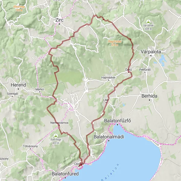 Map miniature of "Csopak Extended Gravel Cycling Route" cycling inspiration in Közép-Dunántúl, Hungary. Generated by Tarmacs.app cycling route planner