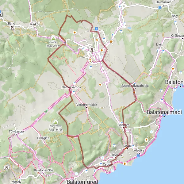 Map miniature of "Csopak Gravel Cycling Route" cycling inspiration in Közép-Dunántúl, Hungary. Generated by Tarmacs.app cycling route planner