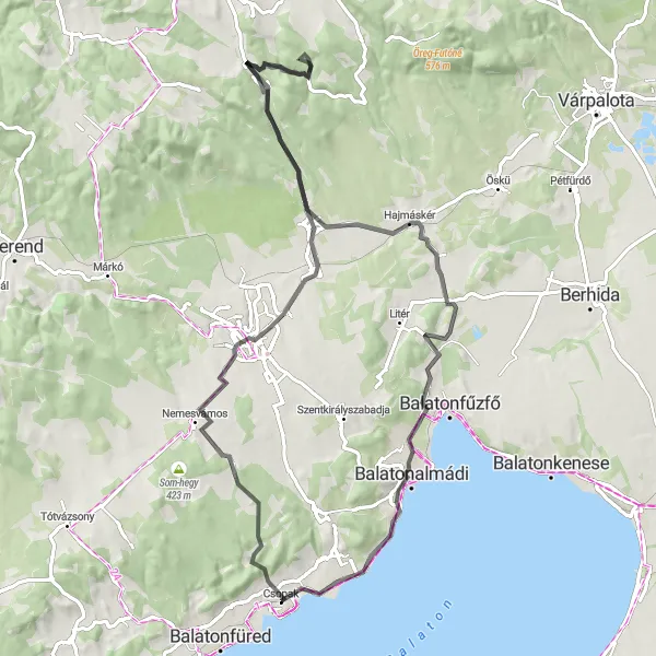 Map miniature of "Veszprém exploration by road" cycling inspiration in Közép-Dunántúl, Hungary. Generated by Tarmacs.app cycling route planner