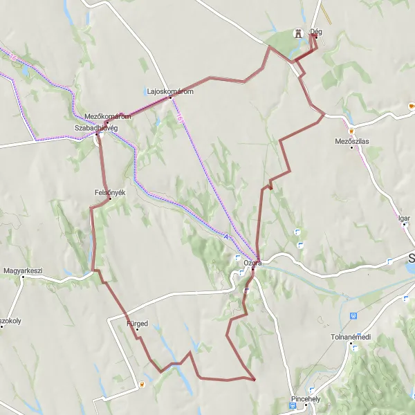 Map miniature of "Dég-Ozora Gravel Cycling Route" cycling inspiration in Közép-Dunántúl, Hungary. Generated by Tarmacs.app cycling route planner