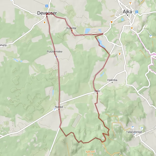 Map miniature of "Közép-Dunántúl Gravel Route" cycling inspiration in Közép-Dunántúl, Hungary. Generated by Tarmacs.app cycling route planner