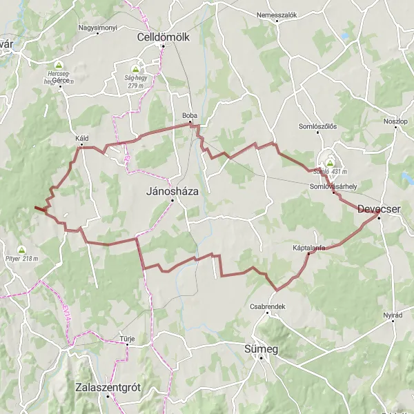 Map miniature of "Exploring Közép-Dunántúl Gravel Route" cycling inspiration in Közép-Dunántúl, Hungary. Generated by Tarmacs.app cycling route planner