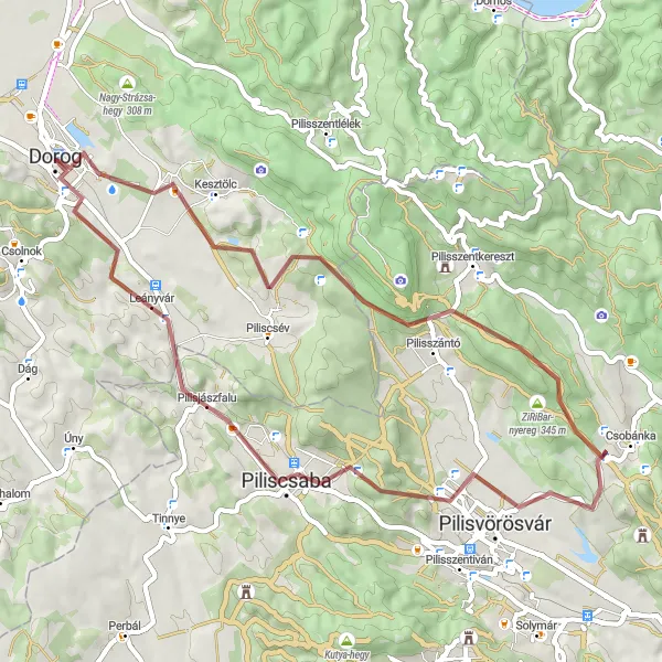 Map miniature of "Pilisvörösvár Gravel" cycling inspiration in Közép-Dunántúl, Hungary. Generated by Tarmacs.app cycling route planner