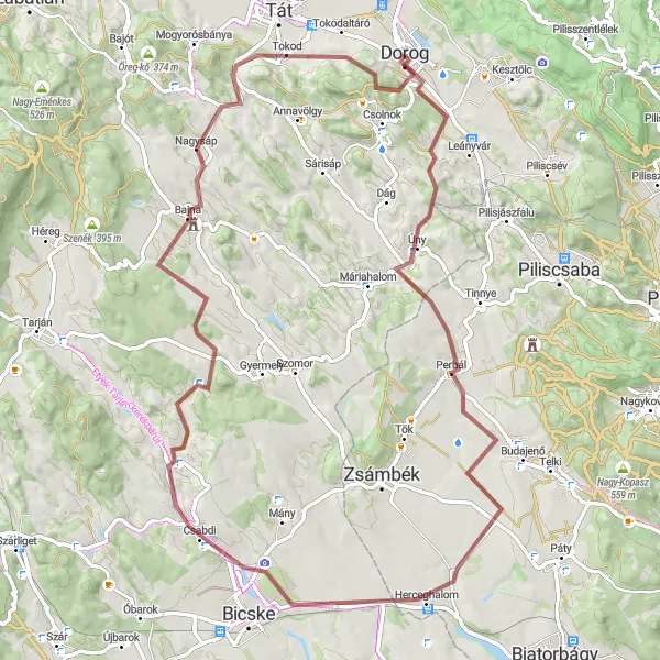 Map miniature of "Highlands and Canyons" cycling inspiration in Közép-Dunántúl, Hungary. Generated by Tarmacs.app cycling route planner