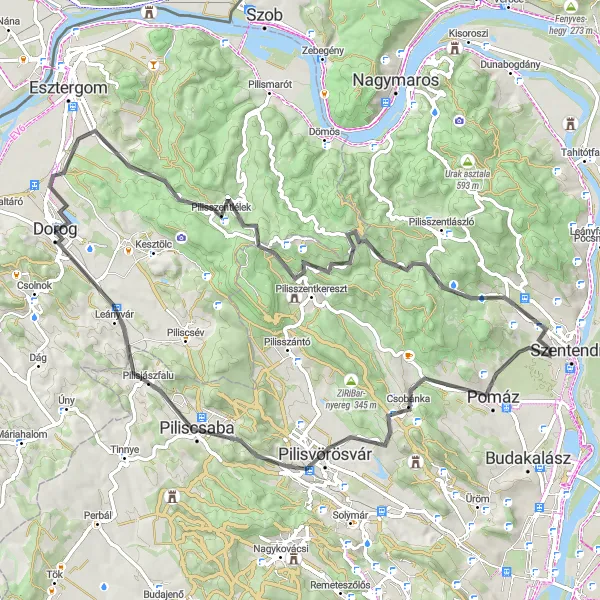 Map miniature of "Road Cycling Adventure: Esztergom-Kertváros to Dorog" cycling inspiration in Közép-Dunántúl, Hungary. Generated by Tarmacs.app cycling route planner