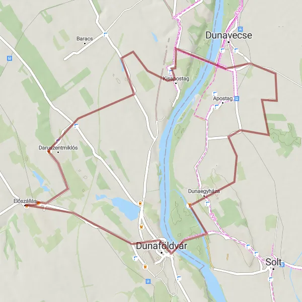 Map miniature of "Előszállás Gravel Escape" cycling inspiration in Közép-Dunántúl, Hungary. Generated by Tarmacs.app cycling route planner